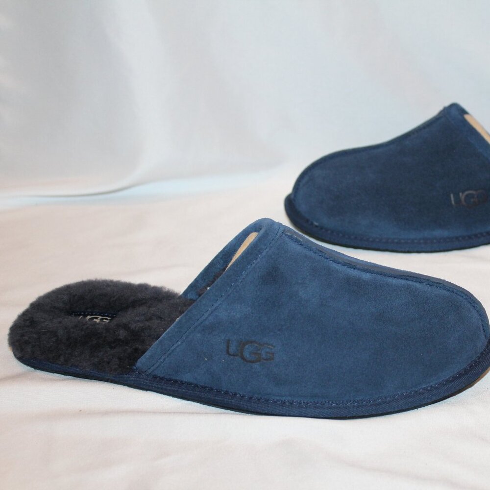 NEW MEN'S NAVY BLUE SCUFF SUEDE SHEARLING LINED SLIPPERS SZ 10